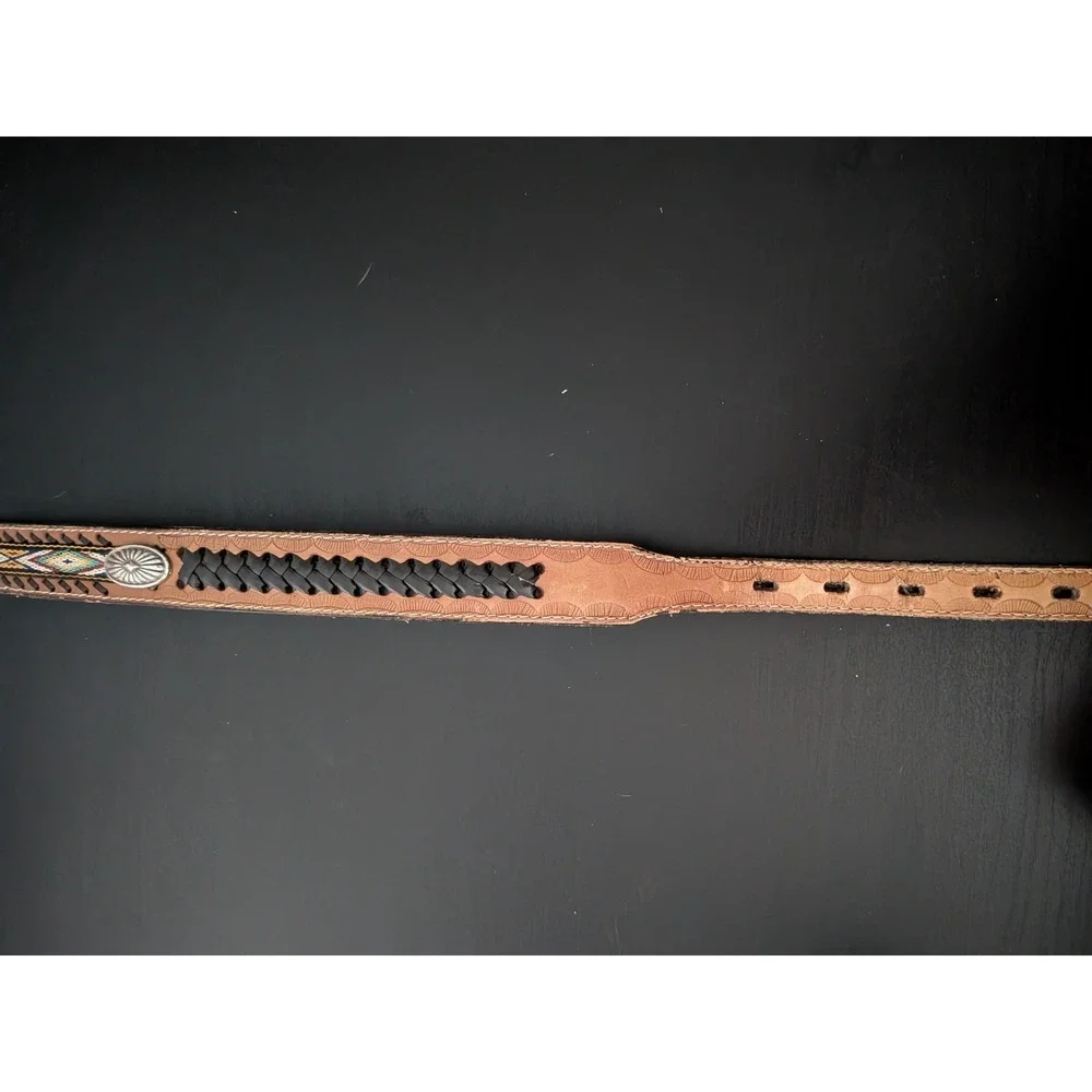 Vintage Womens Hand Tooled Leather Belt Western Woven Design 38